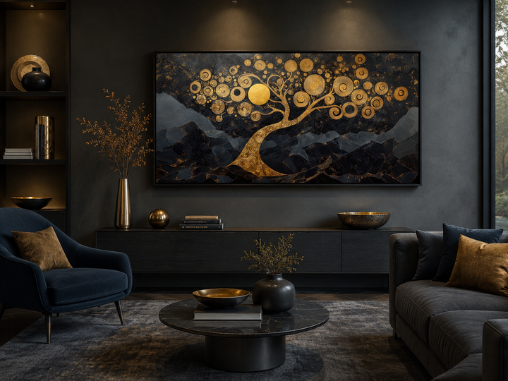 Gold tree of life wall art with swirling branches on a black background in a modern living room.
