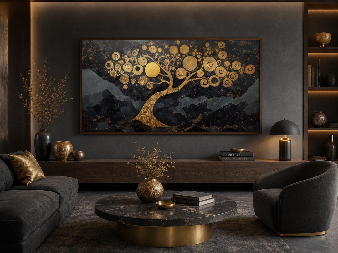 Gold tree of life wall art with swirling branches on a dark, textured background in a modern room.