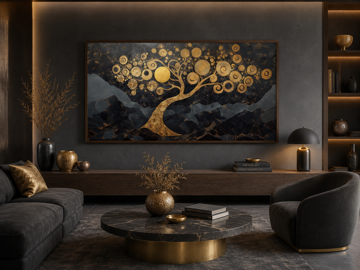 Gold tree of life wall art with swirling branches on a dark, textured background in a modern room.