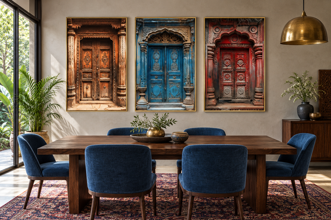 Set of three framed canvas prints featuring colorful, intricately carved traditional Indian doors.