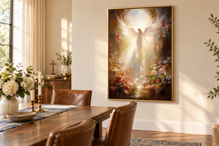 Angel in Heaven Christian framed canvas wall art with radiant light and flowers in a dining room.