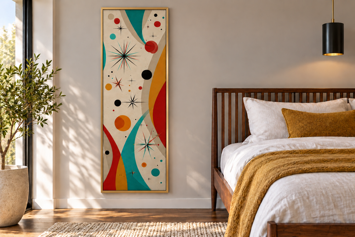 Vertical mid century modern canvas art with retro geometric shapes and starbursts in a gold frame.