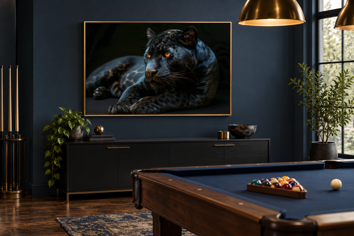 Black panther on black background framed canvas wall art hanging in a dark blue billiards room.