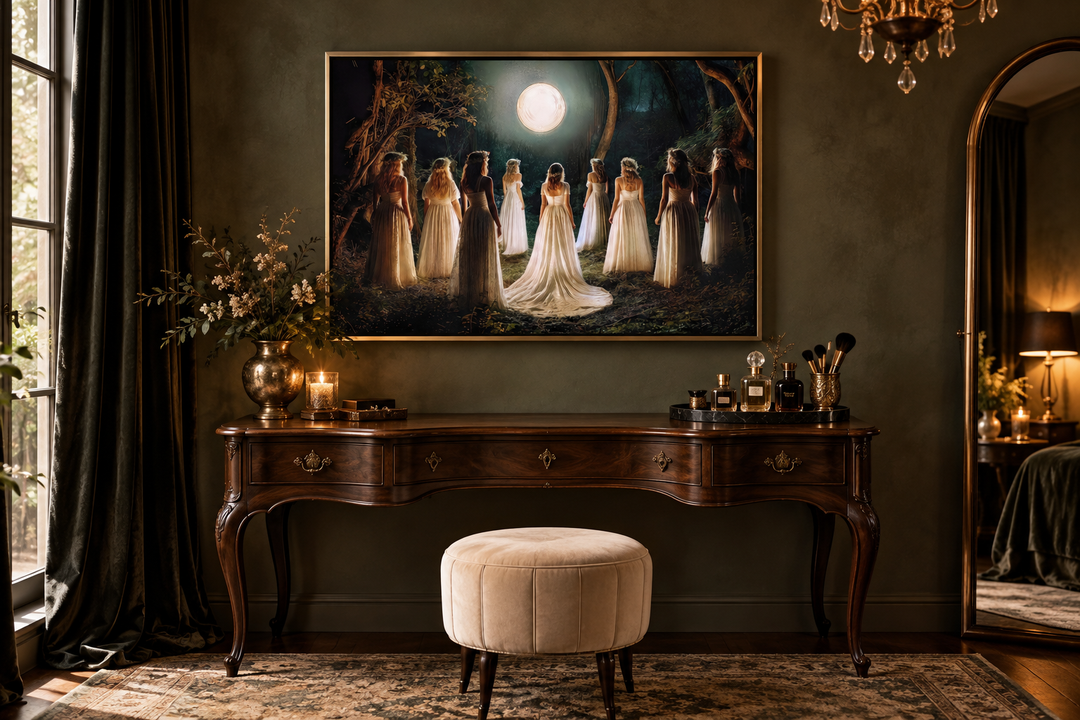 Witches dancing in a circle under a full moon in a magical forest, framed wall art above a vanity.