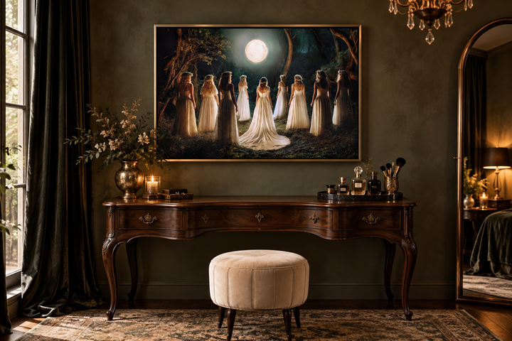 Witches dancing in a circle under a full moon in a magical forest, framed wall art above a vanity.