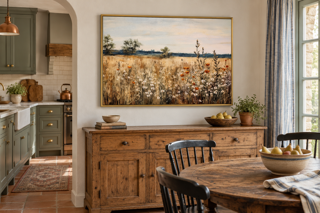Wildflowers field vintage farmhouse framed canvas wall art above a rustic wooden sideboard.