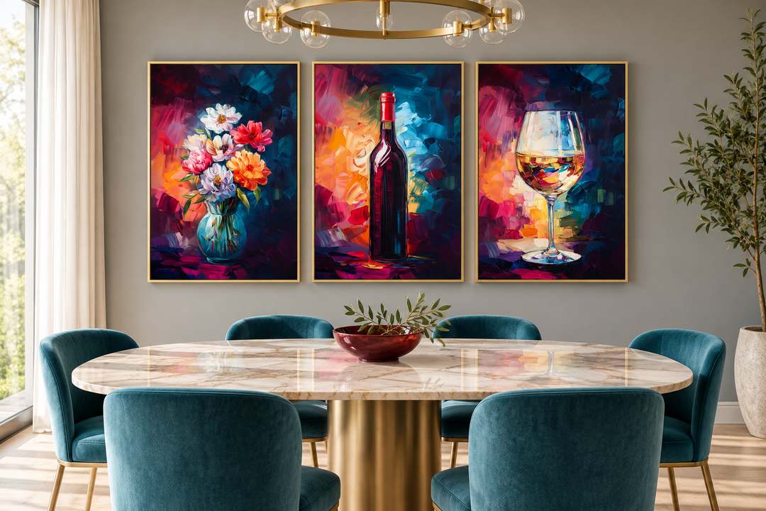 Set of three canvas prints with colorful wine bottle, glass, and flower vase in a dining room.