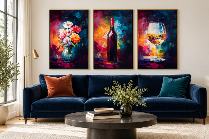Set of three colorful canvas prints of a wine bottle, flower vase, and wine glass above a blue sofa.