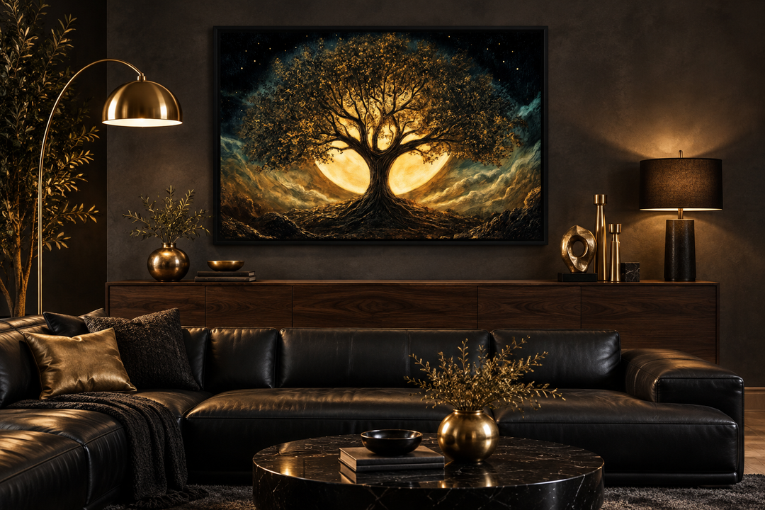 Framed canvas print of a golden Yggdrasil tree of life under a moon in a dark, modern living room.