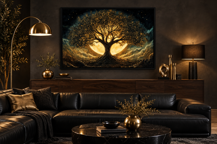 Framed canvas print of a golden Yggdrasil tree of life under a moon in a dark, modern living room.