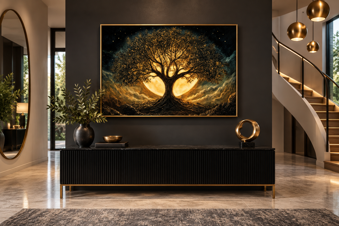 Gold and black Tree of Life framed canvas print featuring Yggdrasil under a moon in a modern room.