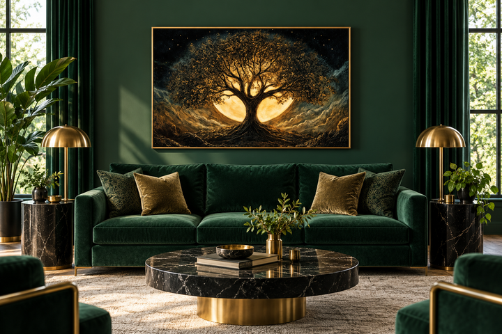 Framed canvas print of a gold and black Yggdrasil Tree of Life above a green velvet sofa.