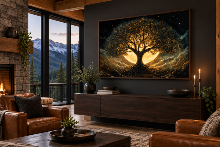 Framed canvas print of a golden Yggdrasil tree of life under a moon in a modern living room.