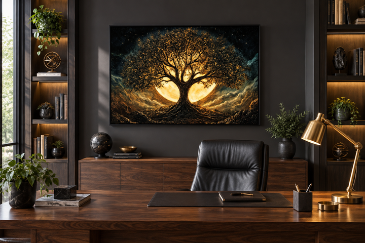 Framed canvas print of a gold and black Yggdrasil Tree of Life under a moon in a dark office setting.