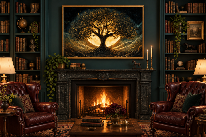 Framed canvas print of a gold and black Yggdrasil Tree of Life hanging above a fireplace.