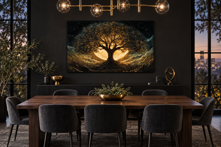 Framed canvas print of a gold and black Tree of Life Yggdrasil above a modern dining table.