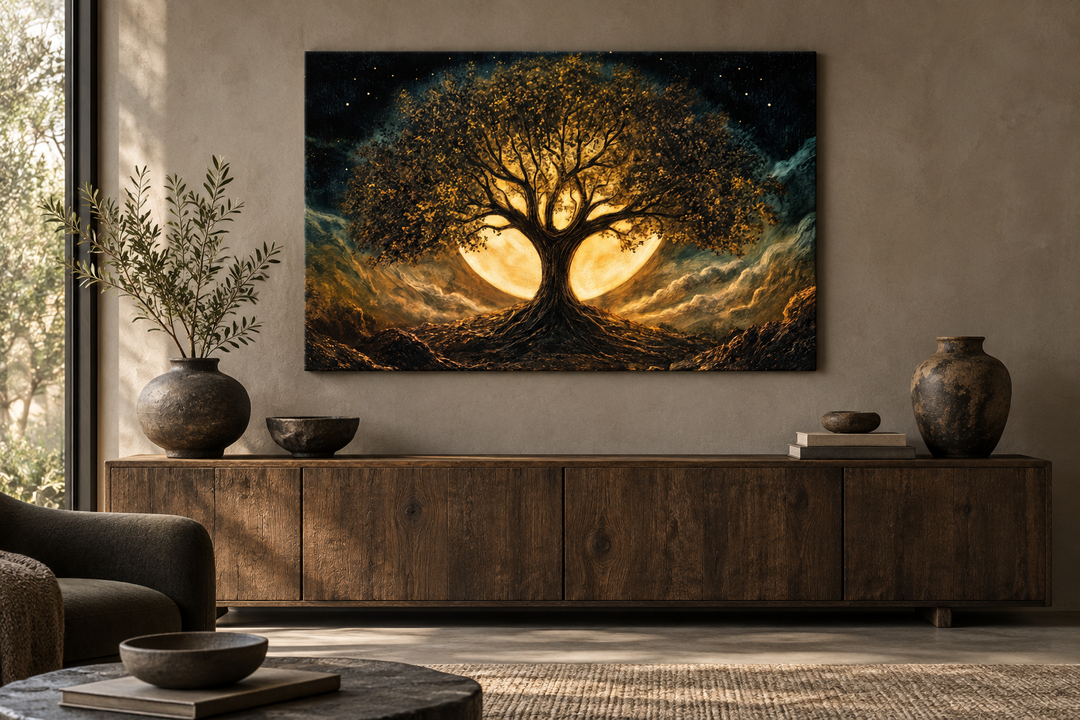 Framed canvas print of a golden Yggdrasil tree of life under a moon in a dark, starry sky.