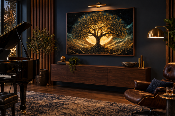 Framed canvas print of a golden Yggdrasil tree of life under a moon in a dark, modern living room.