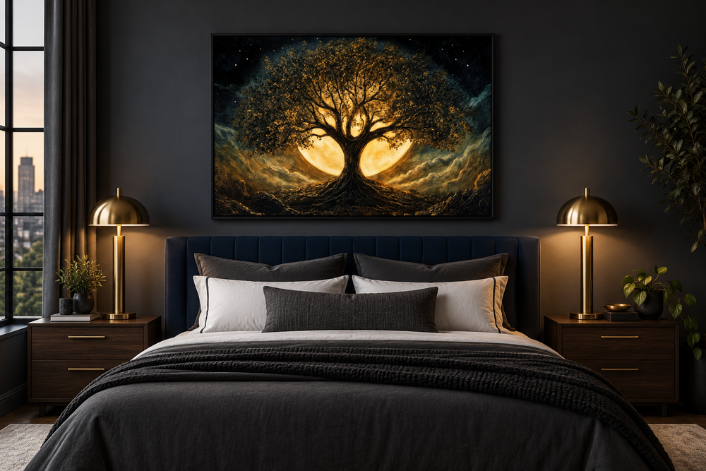 Framed canvas print of a gold and black Yggdrasil tree of life above a bed in a dark bedroom.