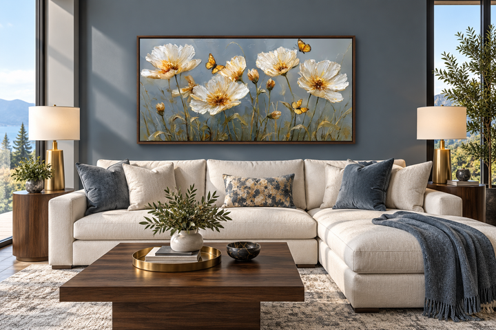Framed horizontal wall art of golden flowers and butterflies above a white sectional sofa.