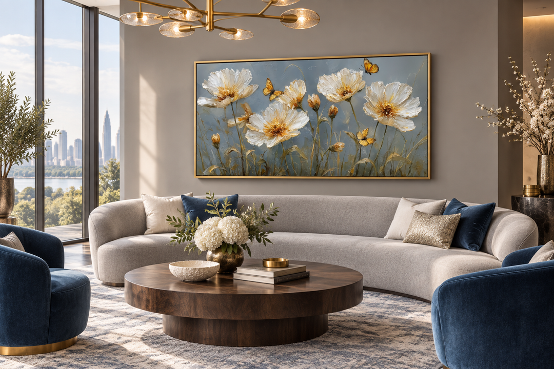 Framed horizontal wall art of white and gold flowers with yellow butterflies in a modern living room.