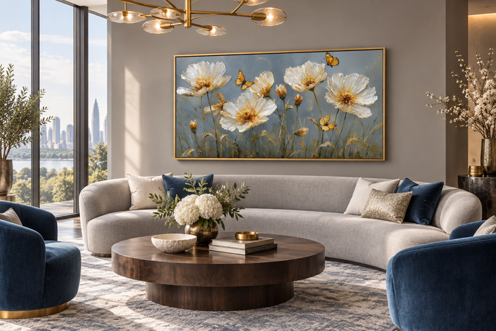 Framed horizontal wall art of white and gold flowers with yellow butterflies in a modern living room.
