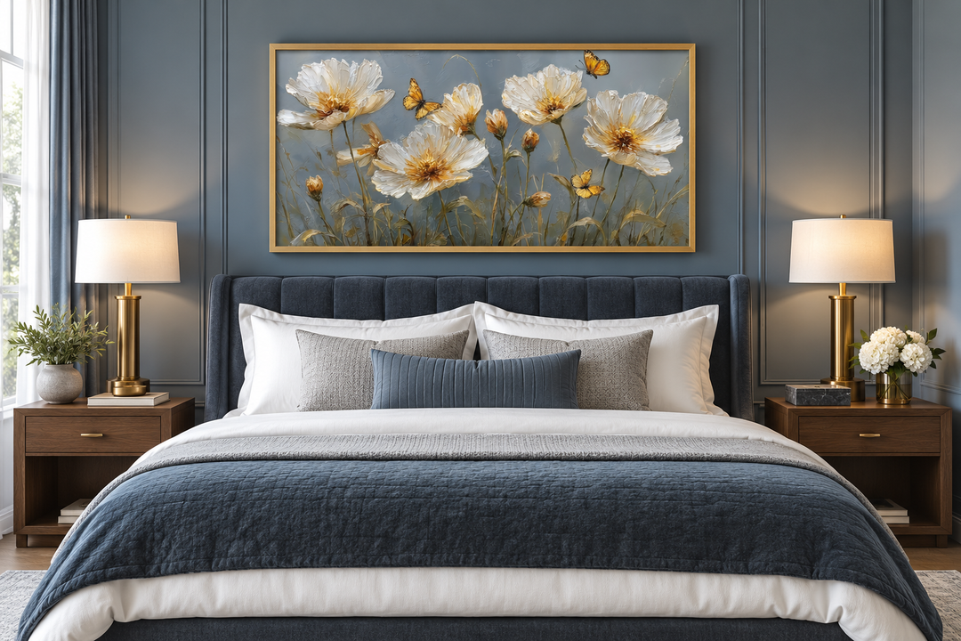 Framed horizontal wall art featuring white and gold flowers with butterflies above a blue bed.