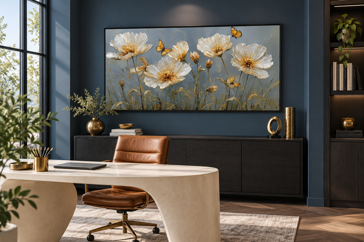 Framed horizontal wall art featuring white and gold flowers with butterflies in a modern office.