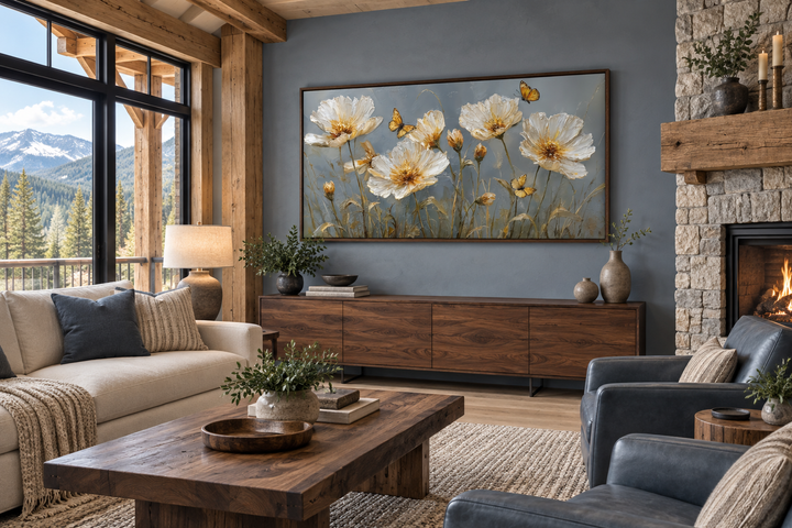 Framed horizontal wall art featuring golden flowers and butterflies above a wooden console table.