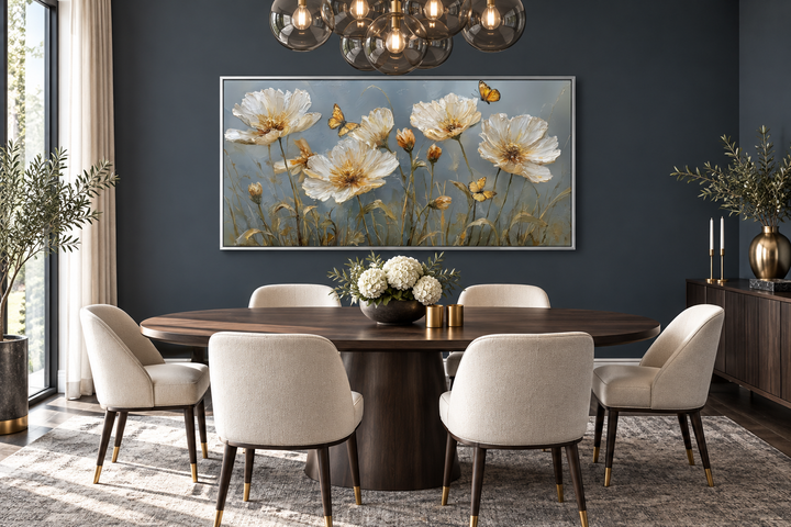 Framed horizontal wall art of white and gold flowers with butterflies above a dining table.