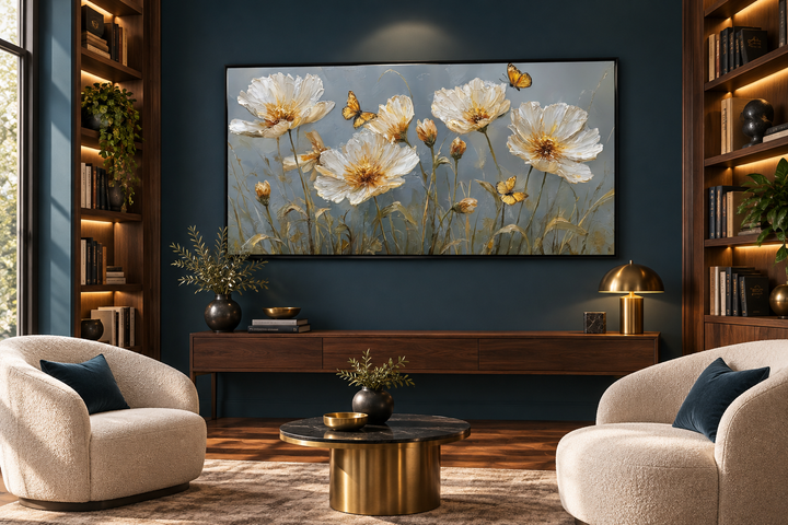 Framed horizontal wall art of white and gold flowers with butterflies above a wooden console table.