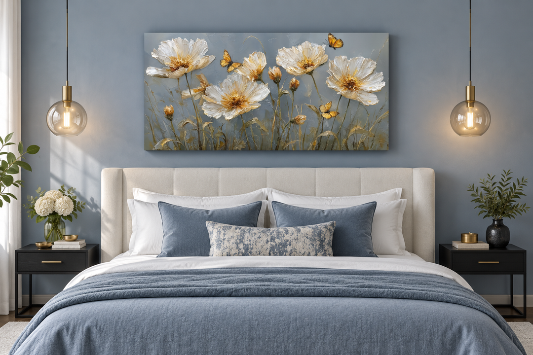 Framed horizontal wall art of golden flowers and butterflies hanging above a bed in a blue bedroom.