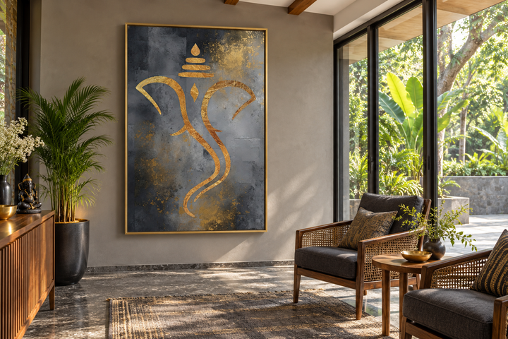 Minimalist Lord Ganesha framed canvas wall art with gold abstract lines on a grey textured background