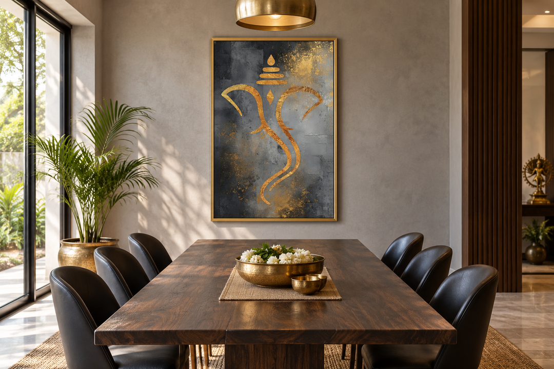 Grey and gold minimalist Lord Ganesha framed canvas wall art hanging in a modern dining room.