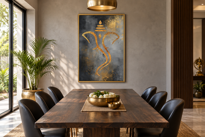 Grey and gold minimalist Lord Ganesha framed canvas wall art hanging in a modern dining room.