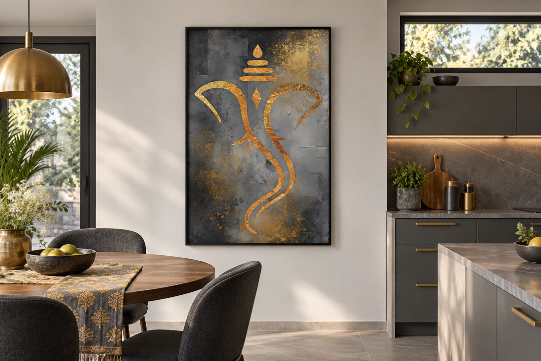 Grey and gold minimalist Lord Ganesha framed canvas wall art in a modern kitchen dining area.