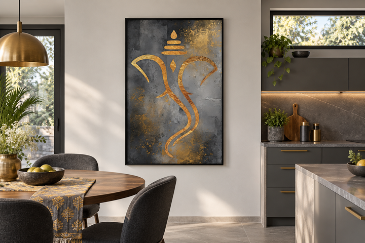Grey and gold minimalist Lord Ganesha framed canvas wall art in a modern kitchen dining area.