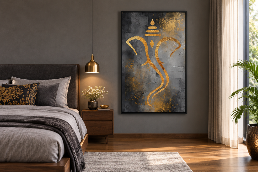 Grey and gold minimalist Lord Ganesha framed canvas wall art hanging in a modern bedroom.