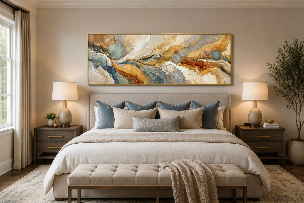 Gold and grey abstract horizontal marble canvas wall art hanging above a bed in a modern bedroom.
