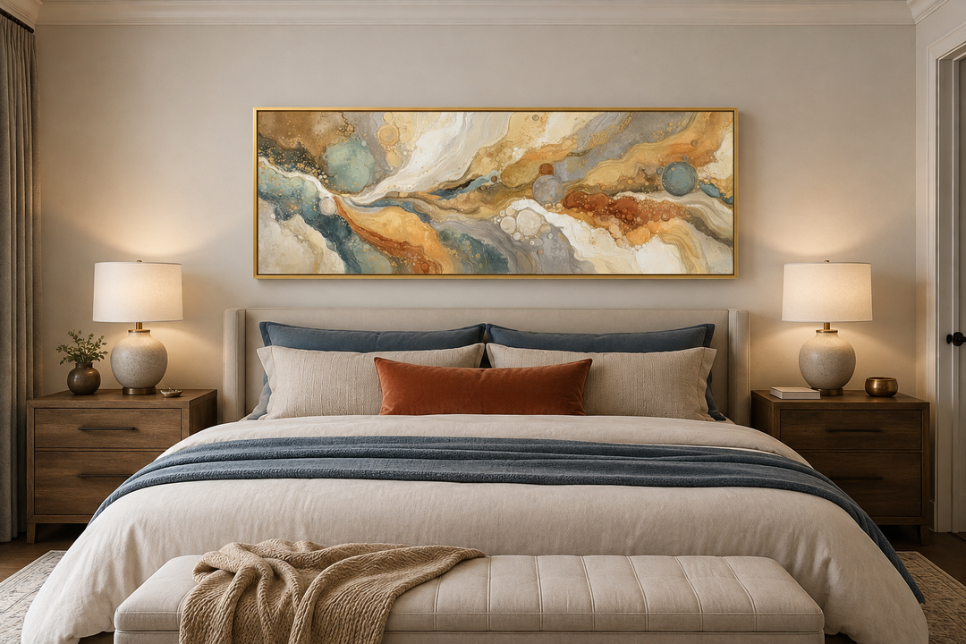 Gold and grey abstract horizontal marble canvas wall art hanging above a bed in a modern bedroom.