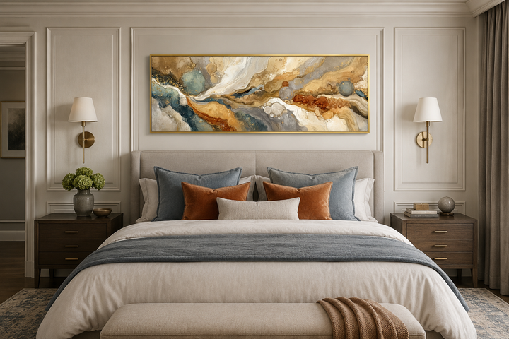 Gold and grey abstract marble canvas wall art in a gold frame hanging above a bed.