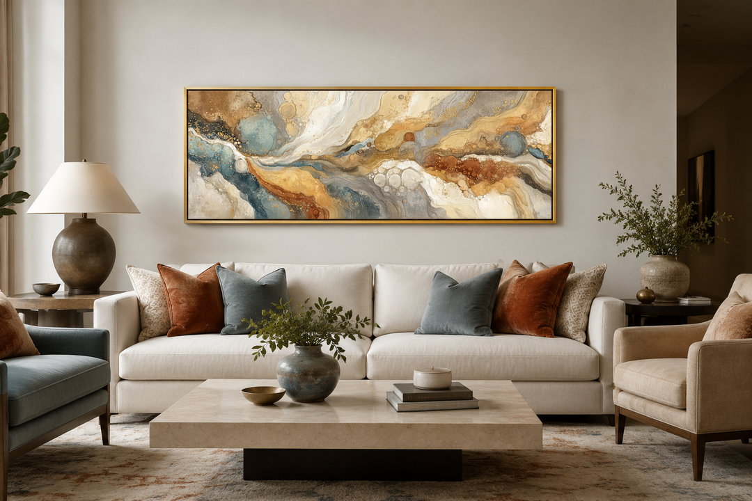 Gold and grey abstract long horizontal marble canvas wall art in a gold frame above a white sofa.