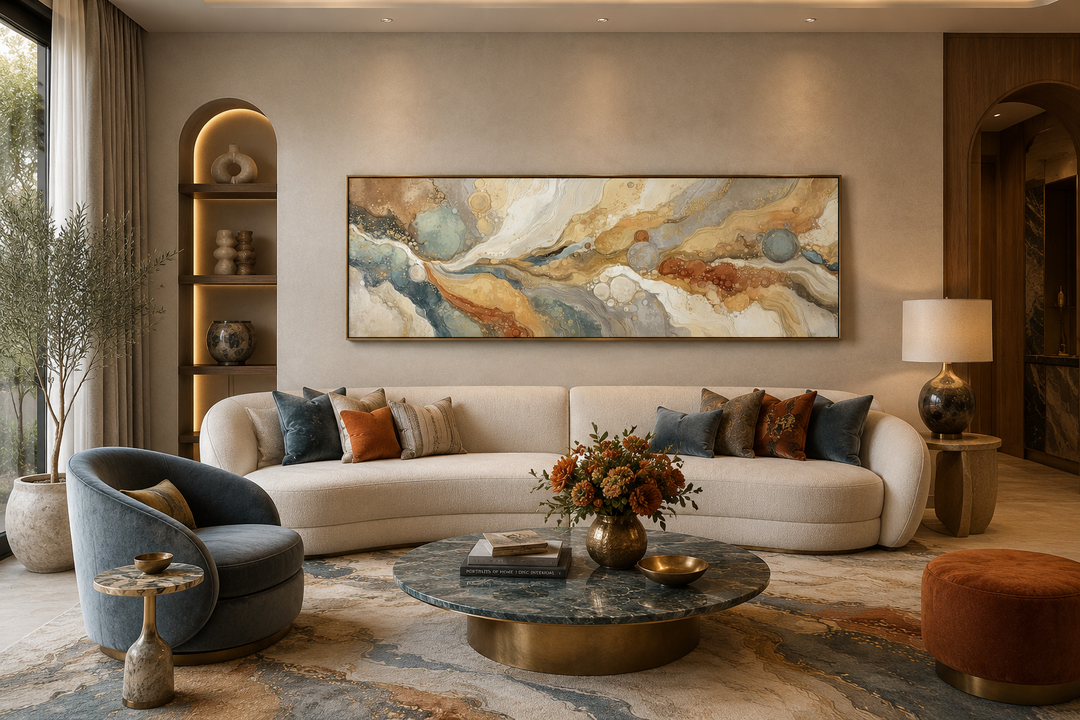Gold and grey abstract long horizontal marble canvas wall art hanging above a white sofa.