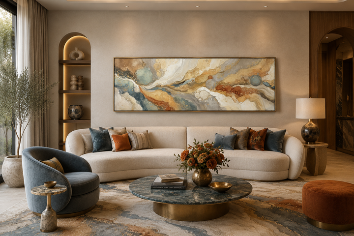 Gold and grey abstract long horizontal marble canvas wall art hanging above a white sofa.