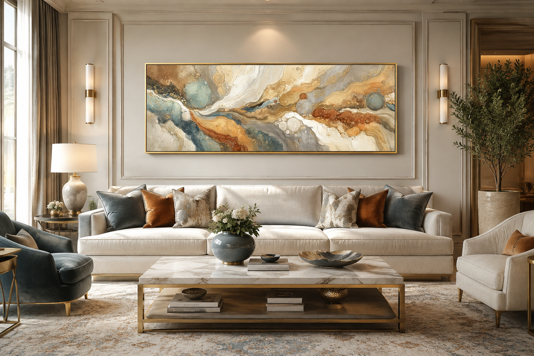 Long horizontal abstract canvas wall art with gold, grey, and cream marble patterns over a sofa.
