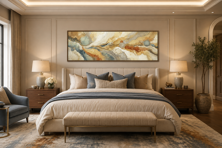 Gold and grey abstract marble canvas wall art in a long horizontal frame above a bed.