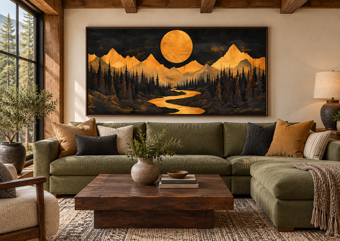 Framed canvas wall art of a golden moon and river over a mountain forest in a rustic cabin room.