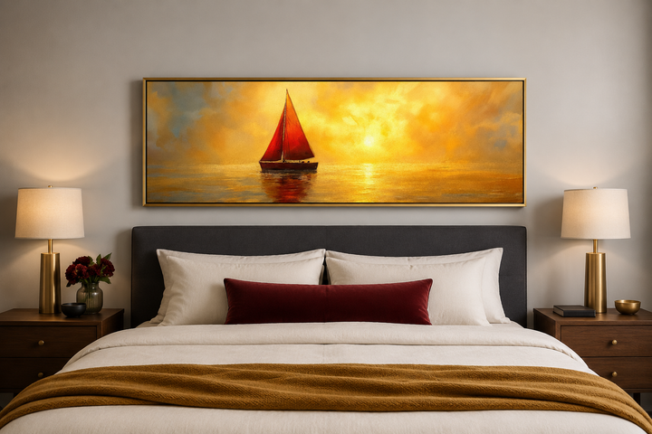Gold Red Sail Boat Long Narrow Framed Canvas Wall Art