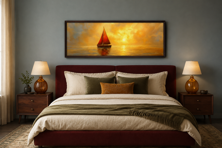 Gold Red Sail Boat Long Narrow Framed Canvas Wall Art