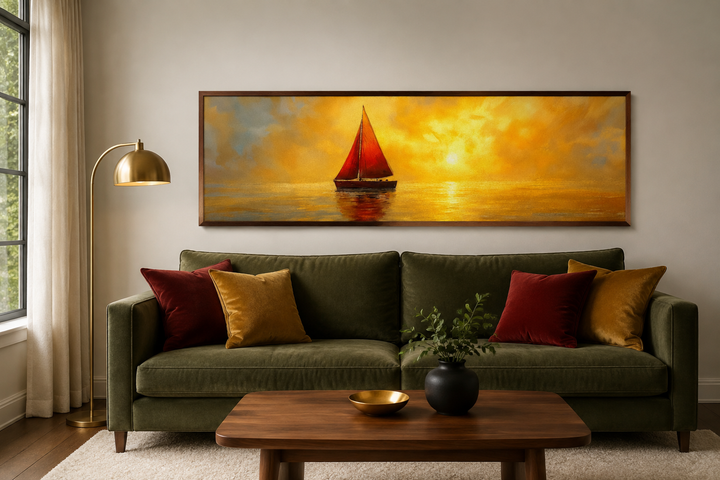 Gold Red Sail Boat Long Narrow Framed Canvas Wall Art